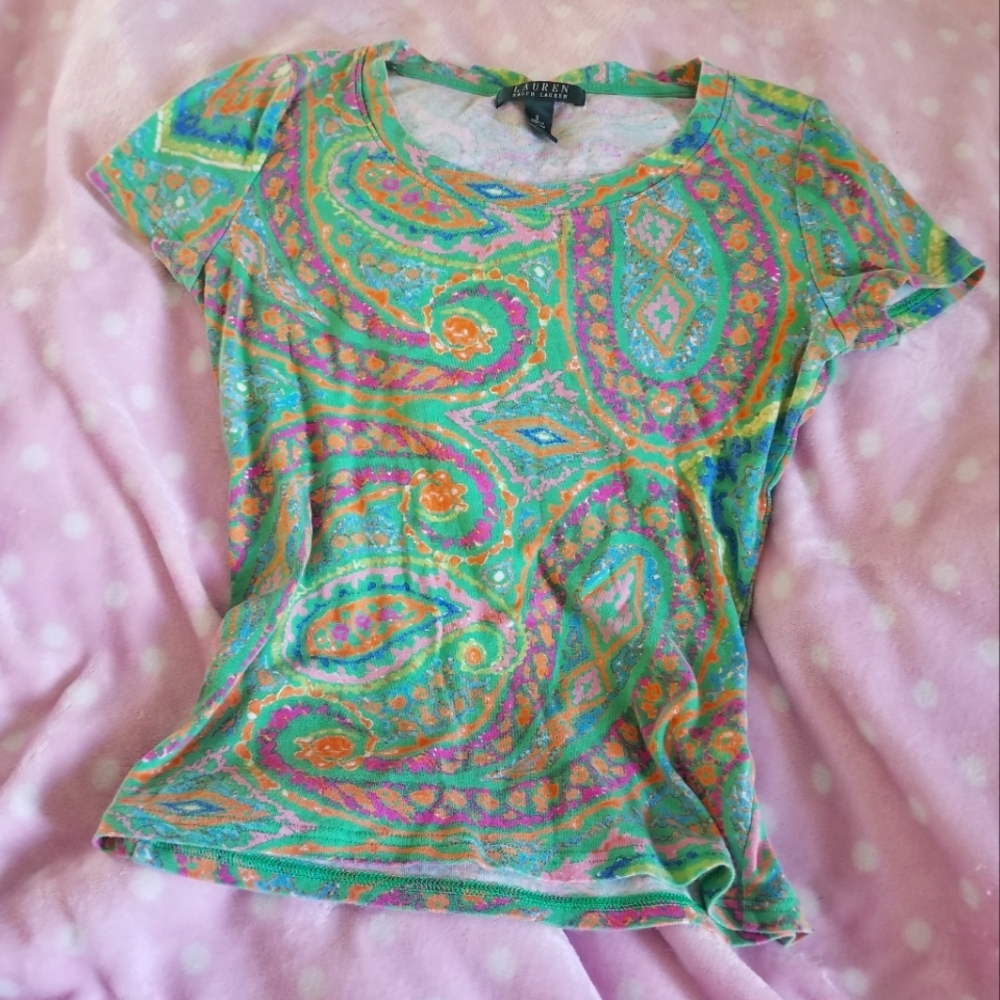 Lauren, bright paisley tshirt.